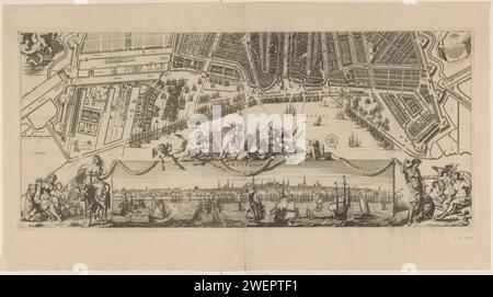 Carte d'Amsterdam avec paysage urbain (partie inférieure), Anonyme, 1691 - 1693 imprimer partie inférieure d'une carte d'Amsterdam avec paysage urbain, composé de deux parties. gravure sur papier / gravure de cartes des villes. perspective de ville, panorama de ville, silhouette de ville. armoiries (comme symbole de l'état, etc.) (+ province ; provincial). armoiries (comme symbole de l'état, etc.) (+ ville ; municipale). (Histoire de) Mercure (Hermès). localisation en mer ; instruments nautiques. continents représentés allégoriquement. L'Asie représentait allégoriquement ; 'Asie' (Ripa). L'Europe a représenté allégoriquement ; 'Europa' (Ripa). Afrique Banque D'Images