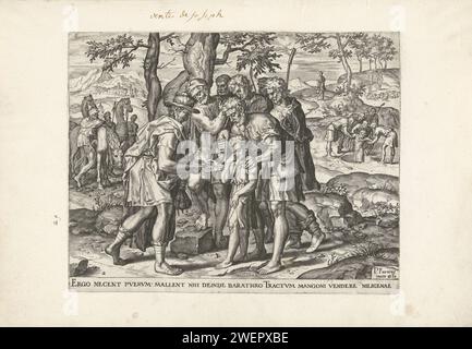 Jozef vendu par ses frères, Pieter Jalhea Furnius, 1572 print le Joseph pleurant est vendu par ses frères aux voyageurs. A droite en arrière-plan il est descendu dans le puits. Sous le spectacle se trouve une règle de texte en latin, numérotée en bas à gauche : 1. L'estampe fait partie d'une série d'estampes sur la vie de Joseph. Gravure sur papier Joseph vendu en esclavage et emmené en Égypte (Genèse 37:12-35). Joseph est jeté dans une fosse (généralement représenté comme un puits ou une citerne). eh bien Banque D'Images