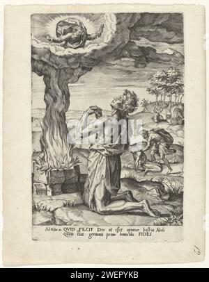 Offre de Caïn et Abel, 1550 - 1625 impression au premier plan, Abel s'agenouille dans son autel sacrificiel sur lequel des agneaux sont sacrifiés à Dieu. Dieu approuve le sacrifice d'Abels et est apparu au sommet du nuage de fumée. Derrière cela, Abel est battu à mort. En arrière-plan, Caïn s'agenouille avec son autel sacrificiel sur lequel Korenschoven sont sacrifiés. La fumée descend, le sacrifice est refusé. Sous l'image se trouve un texte de deux lignes en latin, numéroté à gauche dans la marge : 1. L'estampe fait partie d'une série d'estampes sur la lettre aux Hébreux Chapitre 11. papier gravant le sacrifice o Banque D'Images