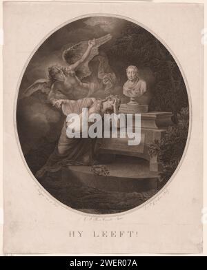 Estampe mémoire pour Hendrik Hooft Daniëlsz., Lambertus Antonius Claessens, d'après Jacques Kuyper, 1794 estampe la vierge d'Amsterdam pleure sur la tombe du maire d'Amsterdam Hendrik Hooft Daniëlsz. Un ange la soutient dans le chagrin et la dirige vers l'immortalité du défunt. Sur la tombe se trouve un buste van Hooft Daniëlsz. Dans le style antique. gravure sur papier personnification d'une ville, ville-patron (ess). Tombe, tombe Amsterdam Banque D'Images