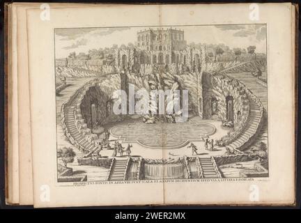 Fontein voor Het Hercules Monument te Karlsberg, Giovanni Girolamo Frezza, d'après Giovanni Francesco Guerniero, 1706 Print fait partie d'un album. fontaine de jardin à gravure en papier. grotte artificielle dans le jardin. vue sur la ville et paysage avec constructions artificielles. palais Karlsberg. Hercules Monument. Bergpark Wilhelmshöhe Banque D'Images