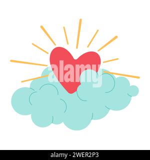 Cœur rouge brillant sur un nuage. Dessin animé abstrait. Joyeuse Valentine illustration vectorielle plate tendance. Composition créative de concept. Illustration de Vecteur