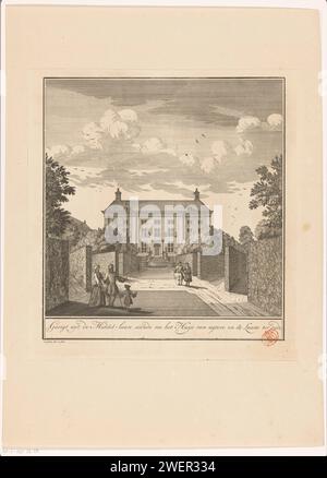 Vue de la façade arrière et d'une partie du jardin du Corvershof à Amsterdam, Jan Smit (I), d'après Jan Smit (II), 1723 - 1748 print vue de la façade arrière et d'une partie du jardin du Corvershof sur la Nieuwe Herengracht à Amsterdam. Un certain nombre de personnages marchent sur le chemin central. Hautes haies avec chemins de chaque côté. Partie d'une série d'estampes du Corvershof, destinées en 1723, destinées aux couples plus âgés de la maison réformée néerlandaise (plus tard réformée). gravure sur papier / gravure maison de personnes âgées. Alms-House (hollandais : 'hofje'). bien-être public. Jardin français ou architectonique ; jardin formel Cor Banque D'Images