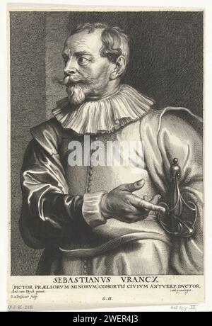 Portrait du peintre Sebastiaan Vrancx, Schelte Adamsz. Bolswert, d'après Anthony Van Dyck, 1596 - 1659 impression papier gravure portrait, autoportrait du peintre Banque D'Images