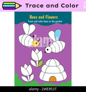 Feuille de travail d'activité lignes de tracé de plumes pour enfants. Contrôle au crayon pour les enfants pratiquant la motricité. Feuille de travail imprimable éducative de coloriage d'abeilles Illustration de Vecteur