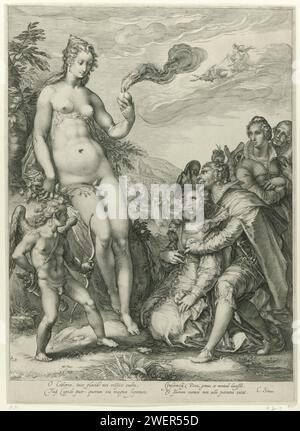 Les couples amoureux expriment l'honneur à Vénus et Amor, Jan Saenredam, d'après Hendrick Goltzius, 1596 print Vénus et Amor, dieux de l'amour, sont adorés dans un paysage par des couples amoureux. Gravure sur papier Vénus et Cupidon (Cupidon n'étant pas un simple attribut). couple d'amoureux Banque D'Images