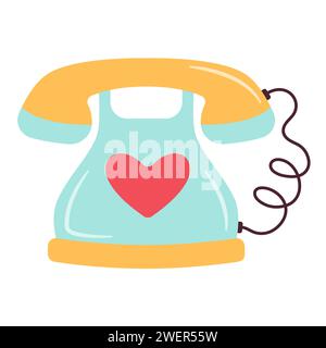 Téléphone rétro avec coeur. Joyeux message d'amour de Saint Valentin. Concept de Saint Valentin. Illustration vectorielle plate à la mode Illustration de Vecteur