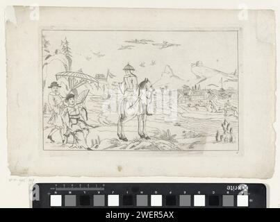 Cavalier et scène de chasse dans un paysage chinois, 1727 - 1775 print Paysage avec un cavalier à gauche et une figure avec éventail sous un parasol. Une rivière traverse le paysage avec une scène de chasse de l'autre côté. Gravure de papier chinois. rivière. chasse  mammifères Banque D'Images