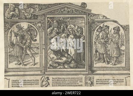 De Judaskus, Joab trahit Amasa et Tryfon trahit Jonathan, Jacob Cornelisz van Oostsanen, 1525 - 1530 print partie inférieure d'une feuille d'une Biblia pauperum. Imprimé à partir de plusieurs blocs. Sur la gauche Joab, Amasa trahit le Christ embrassé au milieu par Judas et Pierre avec l'épée levée assise sur Malchus, sur la droite Tryfon trahit Jonathan. Cadre avec deux prophètes. Texte en français sous les représentations. Papier Joab tue Amasa : Joab prend Amasa par la barbe avec la main droite comme pour l'embrasser, et le poignarde avec un poignard. Le baiser de Judas : accompagné de soldats avec des torches et des lanternes, lui Banque D'Images