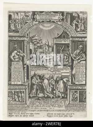 La maison des étrangers, Philips Galle, 1577 imprime la maison des étrangers comme sixième des œuvres de miséricorde. Le spectacle est pris dans un cadre architectural avec arche. Ci-dessus, dans cartouche, le titre. Au premier plan au milieu trois pèlerins qui se tournent vers la maison d'un gentleman en bien. Sur le deuxième plan, à droite dans un départ Christ avec Marthe et Maria ; à gauche Christ qui vient visiter Zachée ; à l'arrière-plan Christ et les Emmaus Goers. Dans le cadre à gauche est un prophète avec un texte d'Ésaïe 58 ; à droite un prophète avec des textes d'Hébreux 13, Mattheus 10 et Romains Banque D'Images