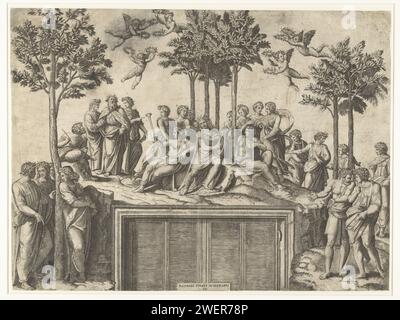 Apollo et Muzen sur Berg Parnasse, Marcantonio Raimondi, d'après Rafaël, 1517 - 1520 imprimer Apollo joue sur un treuil et est entouré de neuf muses sur le mont Parnasse. Les poètes discutent les uns avec les autres et Putti distribuent des couronnes de Laurier. Sous l'impression se trouve une inscription qui fait référence à la source d'inspiration pour cette performance. Gravure sur papier (histoire de) Apollon (Phoebus). Parnasse, sacré pour Apollon Musagetes Banque D'Images