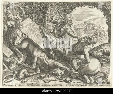 Hercule empêche le toit d'Hippodamia par le Centauren, Cornelis Cort, d'après Frans Floris (I), en ou après 1563 - avant 1595 imprimer Hercule et ses hommes se battent contre les cents pour empêcher le toit d'Hippodamia lors de son mariage avec pélops. La table du parti a été détruite. Hercule frappe un des centres avec son club. Gravure sur papier les douze travaux d'Hercule : deuxième série Banque D'Images