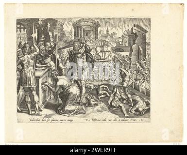 Dood van Polyxena, dans ou avant 1571 impression alors qu'il y a des combats autour du cheval de Troie, Polyxena, la plus jeune fille du roi Priamus, s'agenouille devant la tombe d'Achille. À côté d'elle, Neoptolemos est prêt à sacrifier la polyxène avec une épée levée. Sous le spectacle se trouve une règle de texte en latin, numérotée à droite : 8. L'estampe fait partie d'une série d'estampes sur la guerre de Troie. Polyxène sur papier gravé est sacrifié par Neoptolemus sur la tombe d'Achille Banque D'Images
