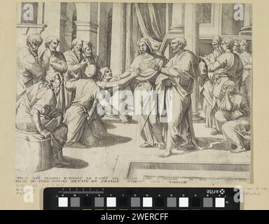 Pierre et Jean guérissent un homme paralysé à la porte du temple, Monogrammiste GDW, après Rafaël, 1550 - 1620 imprimer les apôtres Pierre et Jean se tiennent devant l'entrée d'un temple. Pierre lève la main en direction de deux hommes agenouillés. En plus de lui, John étend également son bras. Des passants regardent. Gravure sur papier guérison d'un mendiant boiteux à la belle porte du temple par Pierre et Jean (actes 3 - 4:31). handicaps, déformations Banque D'Images