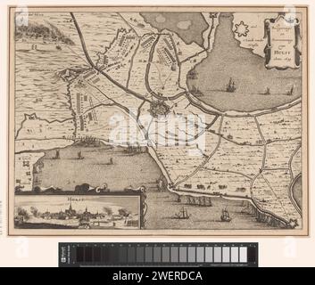 Siège de Hulst par Frederik Hendrik, 1645, Anonyme, 1651 imprimer Siège et conquête de Hulst par l'armée d'État dirigée par Frederik Hendrik du 28 septembre au 5 novembre 1645. Plan de la ville de Hulst et du pays environnant avec les alentours et les camps de l'armée des assiégeants. En bas à gauche un profil de la ville. Marqué en haut à gauche : deuxième partie : fol. 203. cartes gravées sur papier de différents pays ou régions. Siège, position guerre Holly Banque D'Images