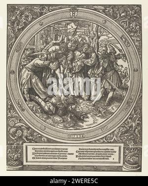 De Judaskus, Jacob Cornelisz van Oostsanen, 1517 estampe à partir d'une série de douze estampes. Judas embrasse Christ fasciné par les soldats. Pierre avec l'épée levée attaque Malchus. Cadre ornemental rond de performance. Cadre inférieur avec texte en latin. Imprimé à partir de plusieurs blocs. Papier le baiser de Judas : accompagné de soldats avec des torches et des lanternes, il embrasse le Christ. Pierre tire son épée et coupe l'oreille de Malchus Banque D'Images
