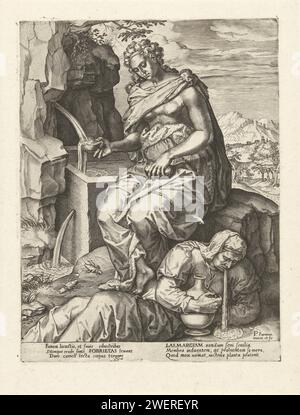 La modération surmonte la gourmandise, 1550 - 1625 impression à la source, la personnification de la modération (Sobietas) remplit un bol d'eau et regarde vers le bas sur la personnification de la gourmandise (Laemargiam) qui repose sur le sol avec une cruche de vin dans ses bras. L'estampe a une légende latine et fait partie d'une série sur les vertus et les vices. Papier gravure gourmande, intempérance, 'gula' ; 'Gola', 'Ingordigia', 'Ingordigia overo aviditè', 'voracitè' (Ripa)  personnification de l'un des sept péchés capitaux. Tempérance, 'Temperantia' ; 'Temperance' (Ripa)  une des quatre vertus cardinales Banque D'Images