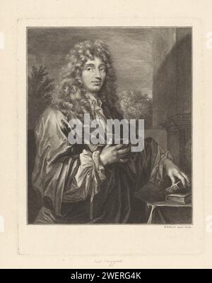 Portret van christian hiygengs, gedard evelinck, d'après jacoques-Antoine friquet le vauroze, 1687 - 1688 tirage Portrait du mathématicien, physicien et astronome néerlandais Christiaan Huygens (1629-1695), représenté en deux avec la main gauche à deux livres sur une table. gravure sur papier Banque D'Images