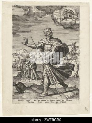 Appel d'Abraham, 1550 - 1625 imprimer Abraham écoute Dieu qui lui parle d'une nuée. Abraham avec femme et enfant est à l'arrière-plan de son troupeau. Sur la droite Abraham sacrifie son fils Isaac. Sous l'image se trouve un texte de deux lignes en latin, numéroté à droite dans la marge : 4. L'estampe fait partie d'une série d'estampes sur la lettre aux Hébreux Chapitre 11. Papier gravant l'appel d'Abraham. Le sacrifice d'Isaac (Genèse 22) Banque D'Images