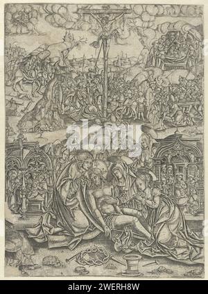 Sept douleurs de Maria, monogrammiste S (16e siècle), 1510 - 1530 imprimer sept scènes de la vie du Christ. Comme la performance principale dans le niveau du Christ mort de John, Maria et Maria Magdalena. A gauche et à droite de ceci un temple avec la circoncision et le Christ de douze ans en discussion avec les érudits. Dans le paysage : le vol vers l'Egypte, le support de croix, la crucifixion et l'enterrement. Sur la nuée dans le ciel Dieu le Père. Papier gravé les (sept) douleurs de Marie Banque D'Images