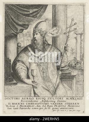 H. Johannes Chrysostomus, Père de l'Église, Jan Lievens, 1649 imprimer il voyage avec le bâton de croix, la tasse à boire et le Saint-Esprit sous la forme d'un pigeon. Dans la légende latine le nom du père de l'église et une affectation. Papier gravure de l'archevêque de Constantinople, Jean Chrysostome ; attributs possibles : ruche, colombe. Saint-Esprit représenté comme une colombe (en flammes) Banque D'Images