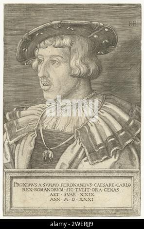 Portret Van Keizer Ferdinand i, Barthel Beham, 1531 impression Portrait de l'empereur Ferdinand I à l'âge de 29 ans avec légende latine qui le place dans la tradition des souverains romains. gravure sur papier Banque D'Images