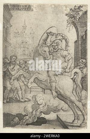 Marcus Curtius plonger dans une gorge, Georg Pencz, 1535 print Marcus Curtius se sacrifie pour combler un grand fossé dans la terre à Rome. En pleine armure et à cheval, il plonge dans la gorge. Gravure sur papier de la mort, c'est-à-dire le sacrifice de Marcus (Manlius) Curtius : il saute à cheval dans un gouffre avec des fumées létales Banque D'Images