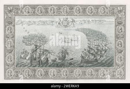 Reproduction d'un tapis mural sur l'Armada espagnole (22 juillet), 1739 imprimer la flotte anglaise (à gauche) et espagnole (à droite) dans le canal sous la côte de Cornouailles et Devon avec au sommet des armoiries de la reine anglaise Elizabeth I. La performance (numérotée IV) est contenue dans un bord orné avec 22 portraits de commandants de la flotte anglaise. Au milieu du portrait de Charles Howard, le Lord High Admiral. Il y a des armes dans les coins supérieurs. Entre les portraits de guildes de fleurs et de fruits, singes, oiseaux, puti, corne d'abondance etc Le spectacle fait partie d'un livre sur les Spanis Banque D'Images