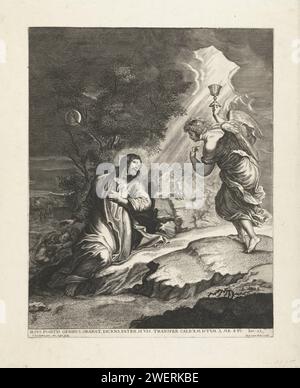 Christ dans le Hof van olives, Joseph Antoine Cochet, d'après Pierre Paul Rubens, v. 1660 - 1678 print dans la nuit de sa trahison, Christ prie dans le Hof des oliviers. Un ange lui apporte une fausse couche pour le soutenir. Les disciples se sont endormis et sur la gauche vous pouvez voir les soldats qui sortent pour capturer Christ. Papier gravé la prière du Christ dans le jardin de Gethsémani pendant la nuit. Agonie du Christ : pour le réconforter, un ou plusieurs anges apparaissent au Christ avec un calice et/ou une croix Banque D'Images