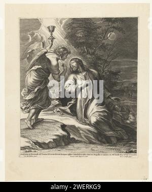 Christ et Engel avec Kelk Op Olijf Berg (Getsémane), Pieter de Bailliu (I), d'après Pierre Paul Rubens, 1623 - 1660 impression papier gravure agonie du Christ : pour le réconforter, un ou plusieurs anges apparaissent au Christ avec un calice et/ou une croix Banque D'Images