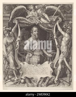 Portrait de Maurits, Prince d'Orange, Boëtius Adamsz. Bolswert, d'après Pieter Isaacsz., 1590 - 1625 impression Portrait de Maurits, Prince d'Orange, dans la performance allégorique. Il est représenté debout, tourné vers la droite, reposant la main gauche sur son épée. Derrière lui son armure : harnais et casque. Il est dans un cartouche qui est arrêté par Mars (à droite) et Minerve (à gauche). Au milieu de son arme avec couronne, au-dessus de laquelle Fama avec deux trompettes. En bas, en cartouche, 6 lignes de texte en latin. Gauche et droite des attributs du cartouche de la guerre. support armorial de gravure sur papier, héraldique. bras Banque D'Images