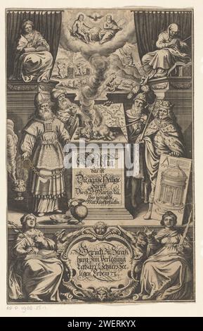 Sacrifice d'un agneau par quatre hommes, Matthäus Merian (I), d'après Michael Herr, 1630 estampe Un homme au tonneau d'encens (peut-être un prêtre), un homme au turban, un homme avec un casque et un passant et un roi avec sceptre et dessin d'un bâtiment central sont autour d'un autel avec titre. L'agneau est sacrifié sur l'autel. Au-dessus de la fumée du sacrifice se trouvent Christ, Dieu et le pigeon comme symbole de l'Esprit Saint. En arrière-plan, les sacrifices de Caïn et Abel, le meurtre d'Abel et Moïse avec le repas en pierre. Deux figures féminines allégoriques assises pour des draperies flanquent les scènes d'arrière-plan. Dans la fenêtre FO Banque D'Images