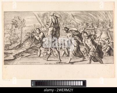 Énée et sa famille fuient de Troie, 1663 imprimer Énée et sa famille fuient la Troie brûlante. Énée porte son père Anchises sur ses épaules. Creüsa et Ascanius marchent derrière eux. A droite un groupe de soldats. L'estampe appartenait à l'origine au Liber 22 de l'Atlas de Rome de Michiel Hinloopen (Schijnvoet Livre 10). Gravure sur papier 'Pie Énées' : Énée, dirigeant Ascanius, s'échappe de brûler Troie, portant son père Anchise avec les Penates ; sa femme Creusa, qui part avec eux, est perdue sur le chemin Banque D'Images