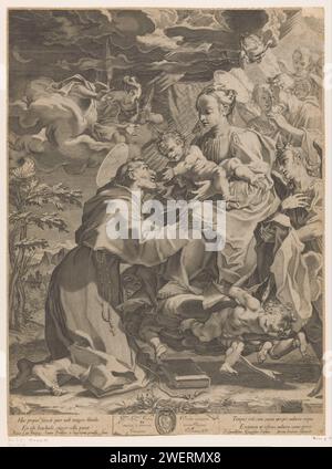 Maria remet l'enfant Christ à Franciscus, Francesco Villamena, après Ferraù Fenzoni, 1597 impression au milieu d'Engelen, Marie remet l'enfant Christ au Saint François d'Assise agenouillé. Il y a un livre sur le terrain. Affectation, armoiries et texte latin en deux colonnes dans la marge de fin. Papier gravure la Vierge Marie remettant le Christ enfant à Saint François d'Assise. anges. chérubins, c'est-à-dire têtes d'enfants avec ailes Banque D'Images