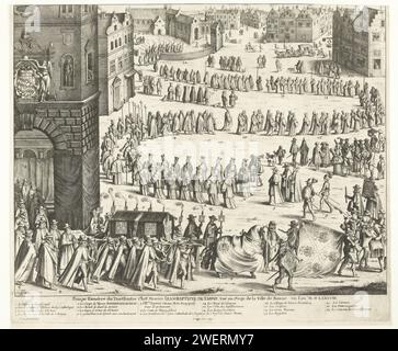 Funérailles de Johann Baptista von Tassis à Keulen, 1588, Wencslaus Hollar, d'après Nicolaas van der Horst, 1645 estampe funérailles de Johann Baptista von Tassis (tué au siège de Bonn le 26 avril) à Cologne le 12 mai 1588. La procession funéraire serpente sur la place du Palais de l'Archevêque jusqu'au Minderbroedersklooster. Au premier plan la bannière, le cheval et le cercueil de Tassis. Dans la légende le titre et la légende 1-22 en français. Cortège de gravure de papier, procession funéraire Cologne Banque D'Images