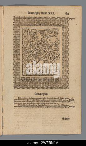 Chute du pape en enfer, monogrammiste GK (imprimeur, 17e siècle), d'après Lucas Cranach (i), c. 1661 impression chute du pape en enfer. Contrairement à la destination. Copie miroir de l'estampe de Lucas Cranach dans le pamphlet 'Passional Christi und Antichristi' de Martin Luther de 1521, page 612 d'une édition du 17e siècle. La série de treize paires de gravures sur bois reflète les contradictions entre l’humilité et l’altruisme du Christ d’une part, et l’orgueil et la cupidité du Pape d’autre part. Typographie papier imprimant la richesse de l'Église opposée à l'humilité du Christ. voyage à h Banque D'Images
