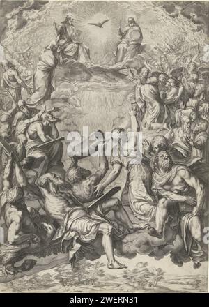 Triomphe de la Sainte Trinité (la Gloria), Cornelis Cort, d'après le Titien, 1566 imprimer la Sainte trinité au milieu des nuages : Dieu comme un vieil homme assis avec globe, Christ comme un homme assis avec globe, le Saint-Esprit sous la forme d'un pigeon. Les choeurs d'ange et les figures de l'ancien Testament adorent la trinité. Au milieu de Noé avec l'Arche dans ses mains et Moïse avec la salle à manger en pierre. Gravure sur papier Trinité dans laquelle Dieu le Père et le Christ sont représentés en tant que personnes, le Saint-Esprit en tant que colombe (+ donateur(s), suppliant(s), que ce soit ou non avec saint(s) patron(s)). anges en adoration. personnes pour Banque D'Images