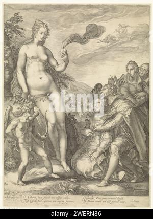 Les couples amoureux expriment l'honneur à Vénus et Amor, Jan Saenredam, d'après Hendrick Goltzius, 1596 print Vénus et Amor, dieux de l'amour, sont adorés dans un paysage par des couples amoureux. Gravure sur papier Vénus et Cupidon (Cupidon n'étant pas un simple attribut). couple d'amoureux Banque D'Images