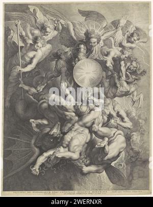 Michaël et la chute des anges rebelles, Lucas Vorsterman (I), après Pierre Paul Rubens, 1621 imprimer l'archange Michel, dans une main un bouclier avec le symbole de Dieu le Père et dans son autre main un éclair, jette les anges rebelles du ciel avec d'autres anges. gravure sur papier chute des anges rebelles, qui deviennent diables. L'Archange Michael (et d'autres anges) jetant les anges rebelles hors du ciel Banque D'Images