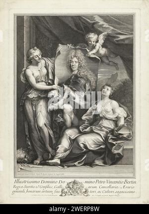 Portret van Pierre Vincent Bertin, Gérard Edelinck, d'après Noël -Nicolas Coypel, d'après Nicolas de Largillière, 1700 - 1707 imprimer deux femmes comme personnifications de la peinture et de la sculpture déploient un portrait de Pierre Vincent Bertin (1653-1711) avec deux putti. Dans la marge trois lignes en latin, entre lesquelles une arme avec deux lions. Gravure sur papier 'Pictura', représentations symboliques, allégories et emblèmes  peinture ; 'Pittura' (Ripa). 'Sculptura', représentations symboliques, allégories et emblèmes  sculpture ; 'Scoltura' (Ripa) Banque D'Images