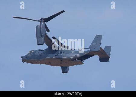 United States Air Force Osprey avion en vol au-dessus de la portée avec les rotors verticaux et la rampe arrière partiellement vers le bas. Banque D'Images