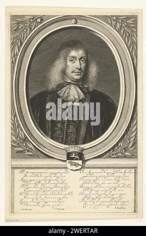 Portrait de Hieronymus van Beverningk, Hendrik Bary, d'après Jan de Baen, 1670 - 1707 estampe buste de Hieronymus van Beverningk dans une liste ovale. Au milieu sous l'arme couronnée de Van Beverningk. Sous le spectacle, un verset latin de deux colonnes de dix lignes chacune. gravure sur papier Banque D'Images