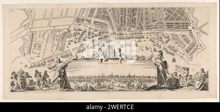 Carte d'Amsterdam avec paysage urbain (partie inférieure), Anonyme, 1676 - en ou avant 1699 imprimer partie inférieure d'une carte d'Amsterdam avec paysage urbain, composée de deux parties. gravure sur papier / gravure de cartes des villes. perspective de ville, panorama de ville, silhouette de ville. armoiries (comme symbole de l'état, etc.) (+ province ; provincial). armoiries (comme symbole de l'état, etc.) (+ ville ; municipale). sceau (comme symbole de l'état, etc.) (+ ville ; municipale). continents représentés allégoriquement. commerce, commerce et finances. localisation en mer ; instruments nautiques. globe. (Histoire de) Juno (Hera). (sto Banque D'Images