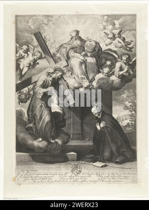 La vision de Saint Ignace van Loyola, Cornelis Bloemaert (II), d'après Abraham Bloemaert, 1630 - 1633 print Ignatius van Loyola le fondateur de la Compagnie de Jésus, est représenté ici comme un homme d'âge moyen, avec l'habit noir de son ordre, prier dans une chapelle le long du bord de la route. Pour lui, apparaît la forme du Christ qui porte la croix. Gravure sur papier visions de St. Ignace de Loyola Banque D'Images