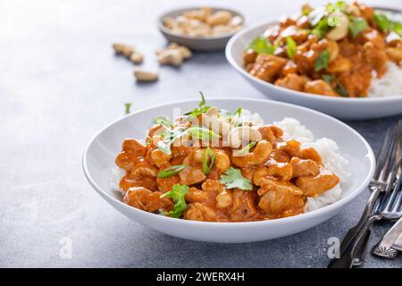 Poulet au curry ou poulet au beurre avec noix de cajou et coriandre servi avec du riz Banque D'Images