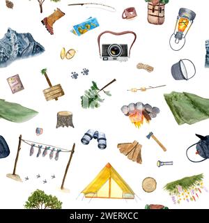 Aquarelle aventure camping motif multidirectionnel sans couture isolé sur blanc Banque D'Images