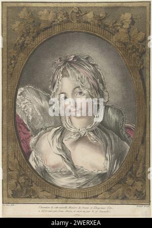 Buste d'une jeune femme avec un chapeau, Louis Marin Bonnet, d'après Pierre Thomas le Clerc, 1774 - 1793 impression buste d'une jeune femme en robe de matin avec un chapeau blanc, attaché avec un ruban rose. Un cadre ovale avec des feuilles et des grappes de raisin. gravure de papier adolescent, jeune femme, jeune fille (+ vue de face) Banque D'Images