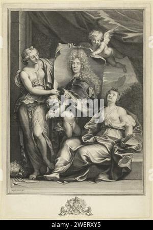 Portret van Pierre Vincent Bertin, Gerard Edelinck, d'après Noël -Nicolas Coypel, d'après Nicolas de Largillière, 1700 - 1707 imprimer deux femmes comme personnifications de peinture et sculpture roulent avec deux putti un portrait de Pierre Vincent Bertin (1653-1711). Gravure sur papier 'Pictura', représentations symboliques, allégories et emblèmes  peinture ; 'Pittura' (Ripa). 'Sculptura', représentations symboliques, allégories et emblèmes  sculpture ; 'Scoltura' (Ripa) Banque D'Images