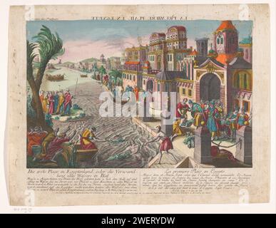 La première peste de l'Egypte, 1755 - 1779 imprimer le fléau de l'eau transformé en sang. Vue d'une ville sur une rivière. Sur le rivage à gauche Moïse qui frappe l'eau avec son bâton. A droite sur le quai de Pharaon avec son entourage. L'eau est colorée en rouge et les poissons morts sont enlevés. En cours d'impression explication en allemand et en français. papier. Aquarelle (peinture) gravure / brosse la peste de l'eau transformée en sang : alors que Pharaon descend vers le Nil, Aaron frappe la surface de la rivière avec sa verge ; l'eau se transforme en sang et tous les poissons meurent Banque D'Images