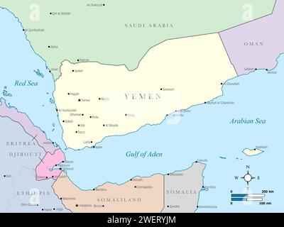 Carte politique colorée du Yémen et des pays environnants. Banque D'Images